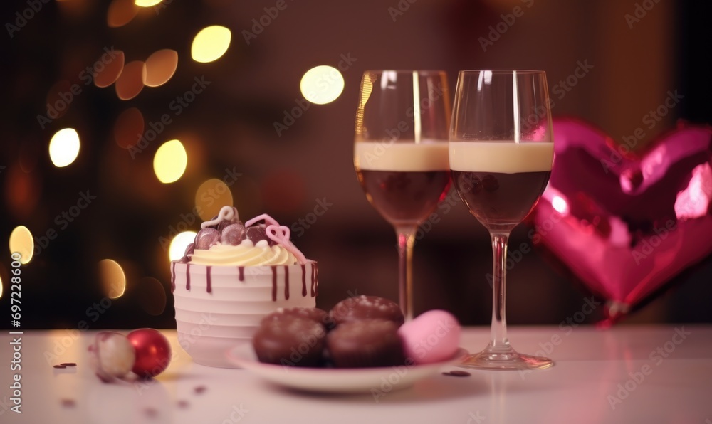 Two glasses of red wine, heart shaped candies, candles and bokeh lights on background