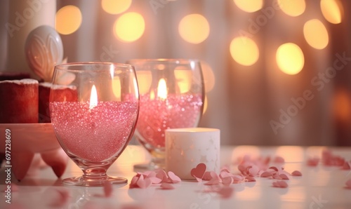 Burning candles in room decorated for Valentine's Day, closeup