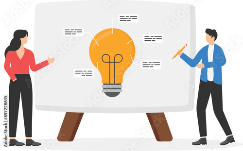 Present idea, explain solution or strategy, intelligence information, business insight for new opportunity, optimization concept, businesswoman presenting new lightbulb idea with graph and chart.

