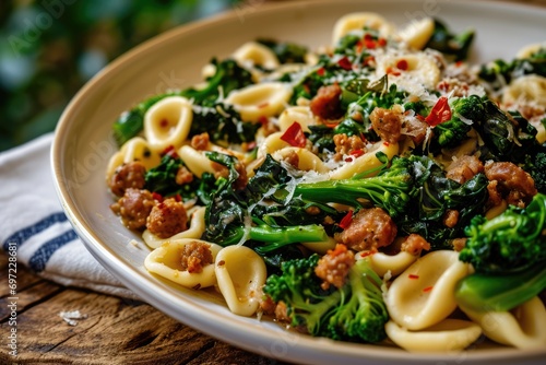 Culinary Symphony: Experience the Homely Elegance of Orecchiette with Broccoli Rabe and Sausage, an Ear-Shaped Pasta Dish Celebrating the Rich Flavors of Italian Cuisine and the Art of Homemade Cookin photo