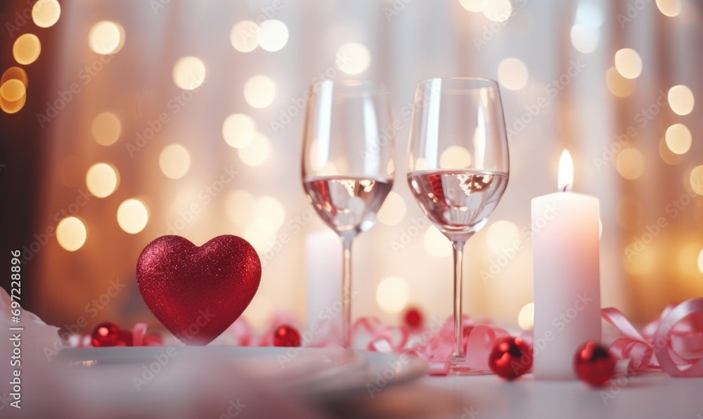 Two glasses of rose wine and two heart-shaped chocolate candies Two glasses of rose wine and two heart-shaped chocolate candies