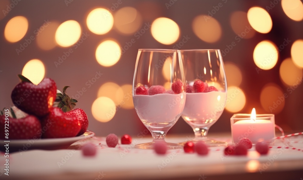 Two glasses of yogurt with strawberries and candles on the background of bokeh Two glasses of yogurt with strawberries and candles on the background of bokeh