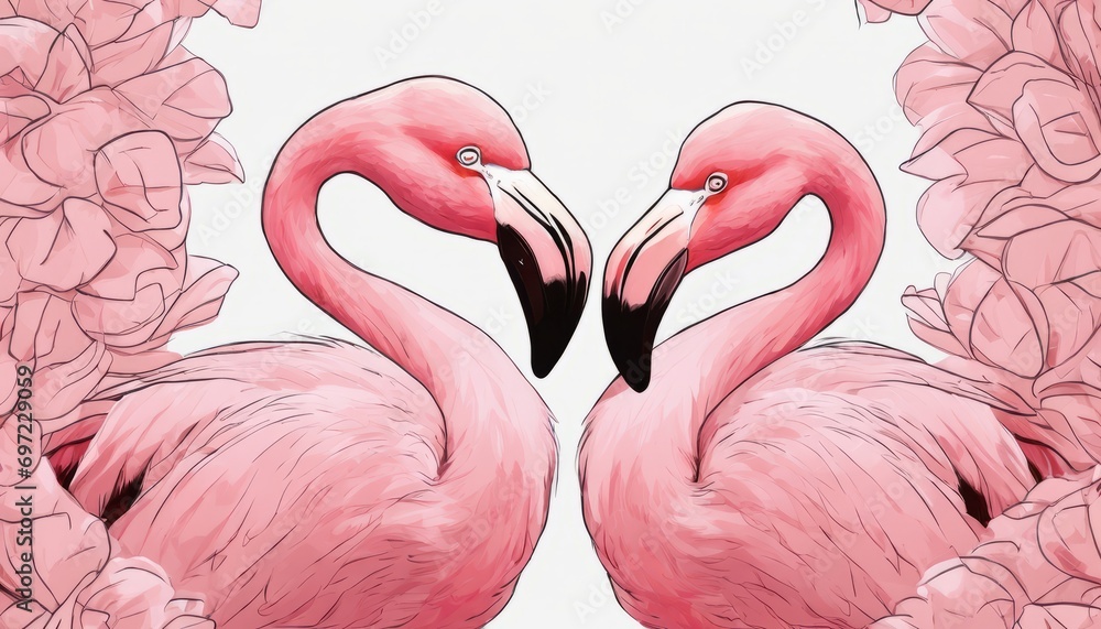 Fototapeta premium Two pink flamingos with black beaks and blue eyes