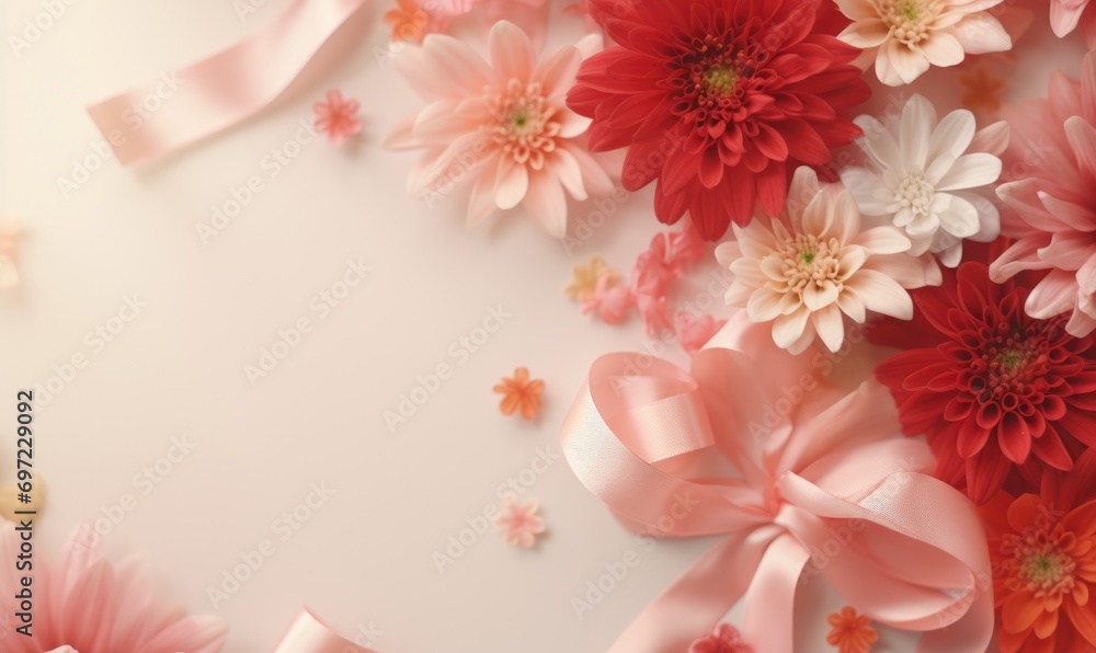 Top view of pink and white flowers on white background with copy space Top view of pink and white flowers on white background with copy space