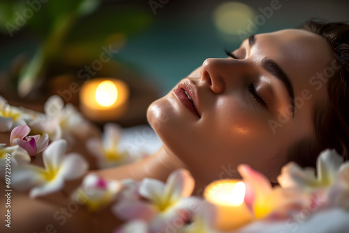 woman in spa salon  woman in salon  woman in spa  portrait of a woman with a flower