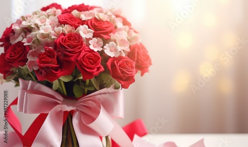 Bouquet of beautiful flowers in vase on light background  closeup
