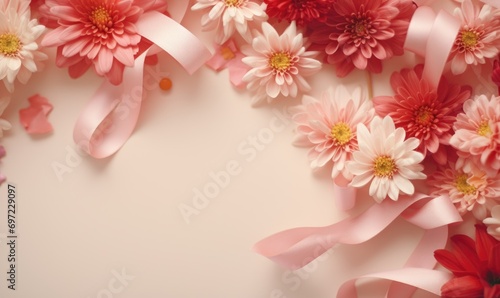 Top view of pink chrysanthemum and ribbon on white background © TheoTheWizard
