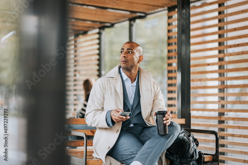 Businessman looking away holding smart phone and insulated drink container while sitting on bench at bus stop photo