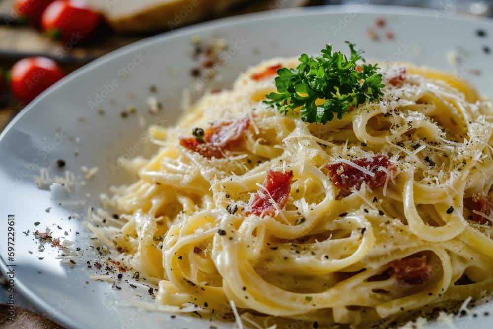 Italian Elegance Unveiled: Pasta Carbonara, an Ode to Culinary Artistry with its Creamy Symphony, Crispy Bacon Ballet, Perfectly Twirled Spaghetti, and the Soulful Essence of Roman Tradition.