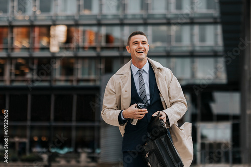 Happy businessman laughing while walking in front of office building photo