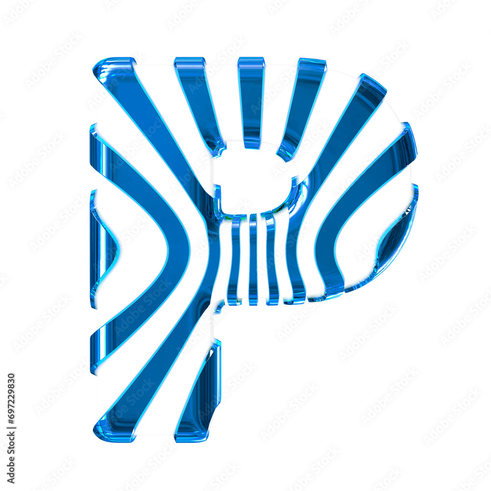 White symbol with blue thin vertical straps. letter p White symbol with blue thin vertical straps. letter p