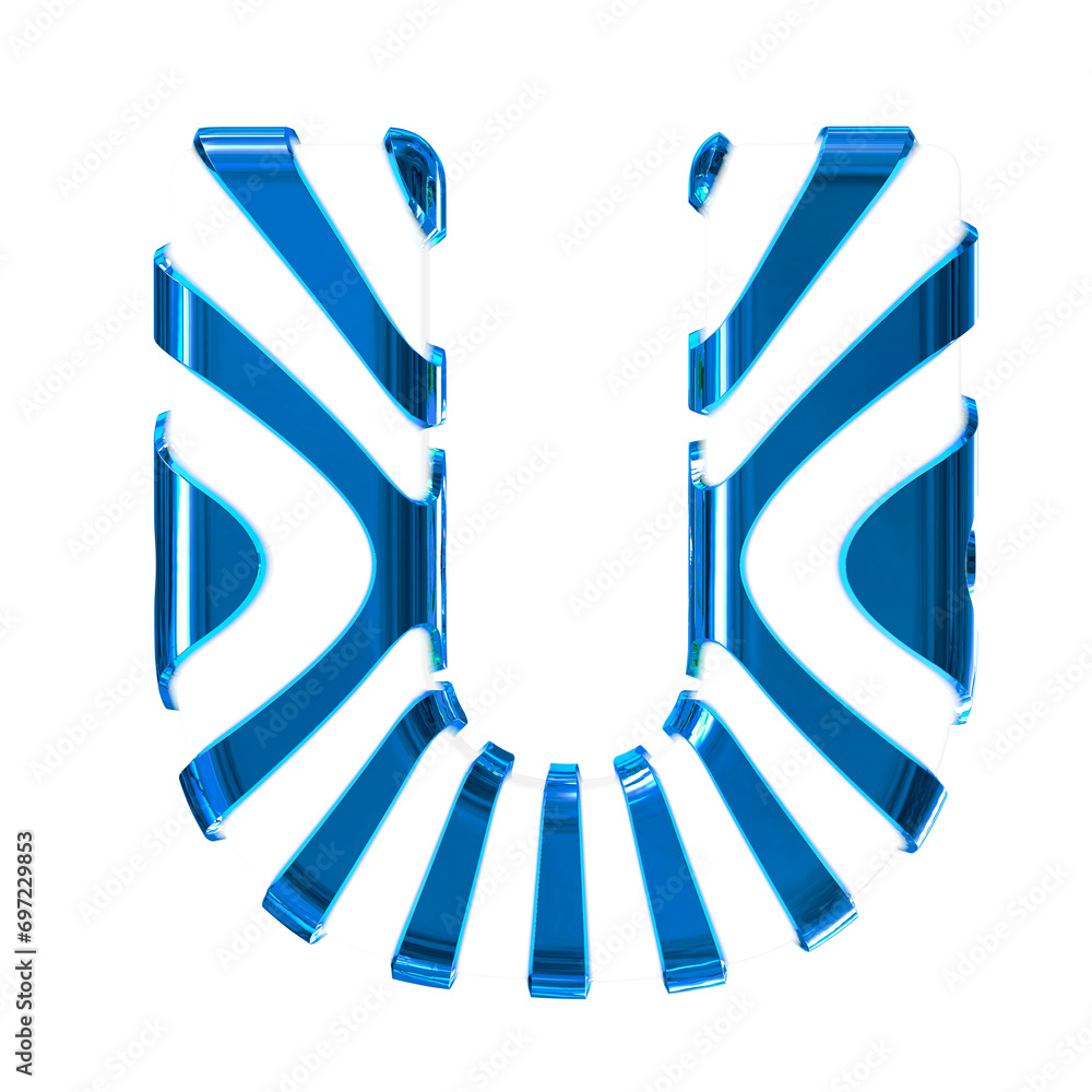White symbol with blue thin vertical straps. letter u White symbol with blue thin vertical straps. letter u