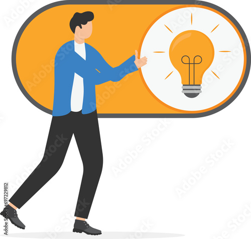 Turn on new idea, solution or innovation to solve problem, enable knowledge or creativity, toggle lightbulb idea invention, unlock or active concept, businessman push toggle switch to turn on idea.

