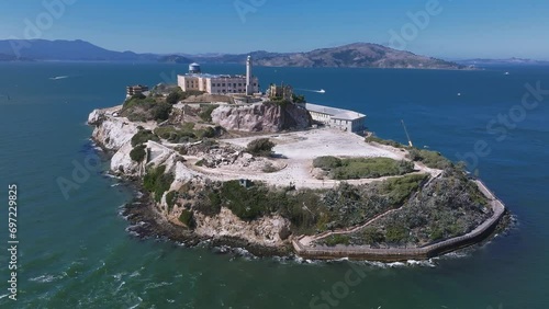 Aerial view of Alcatraz island in the San Francisco Bay. Close up view of the classical prison of Alcatraz, USA. 