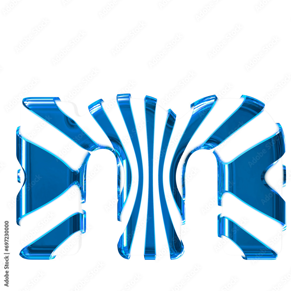 White symbol with blue thin vertical straps. letter m White symbol with blue thin vertical straps. letter m