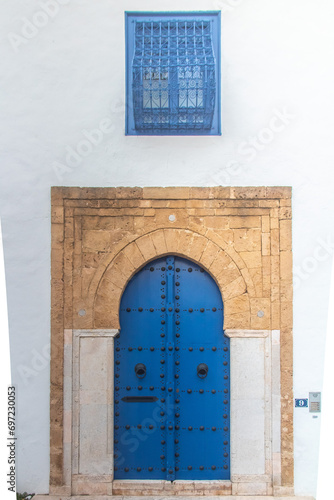 Blue door of traditional architecture of the coastal village of Sidi Bou Said in Tunisia in Africa © Khaled