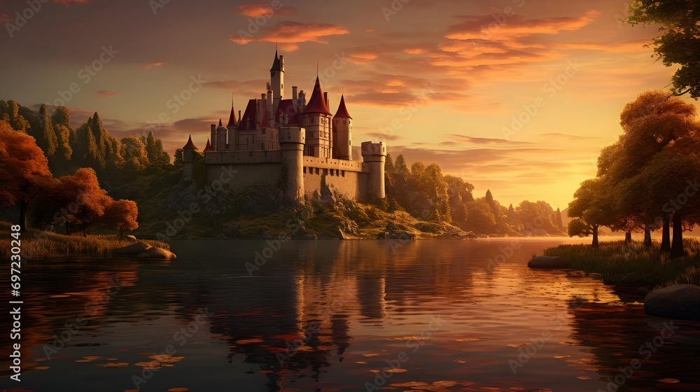 large castle at sunset