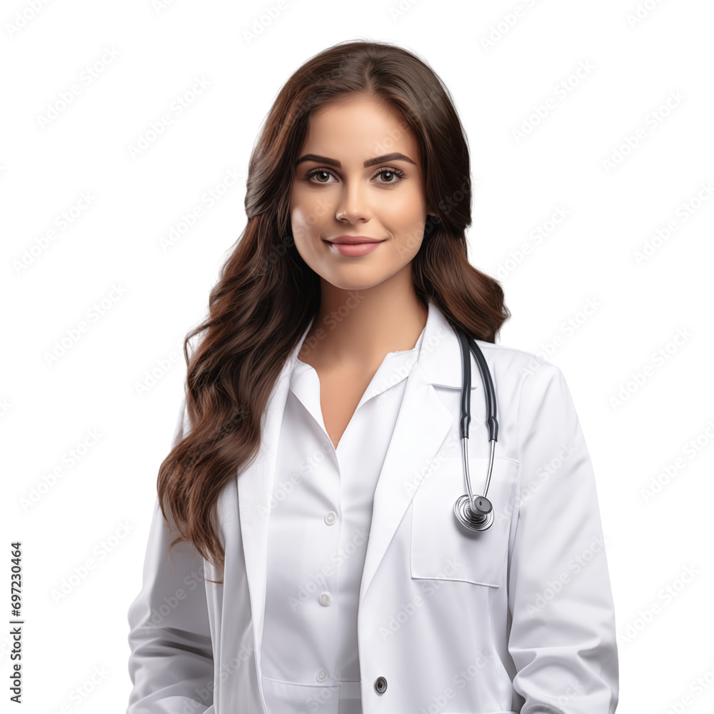 Portrait of a smiling female doctor wearing lab coat and stethoscope, isolated on white background Portrait of a smiling female doctor wearing lab coat and stethoscope, isolated on white background