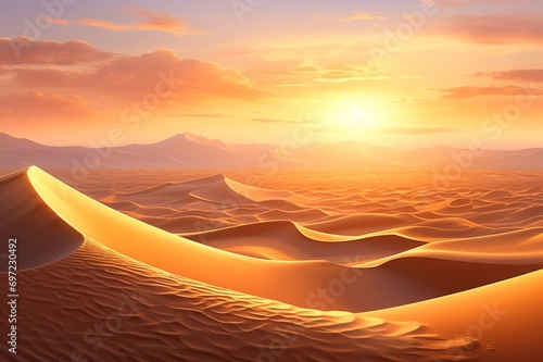   Serene desert dunes stretching into the horizon  illuminated by the warm hues of a setting sun