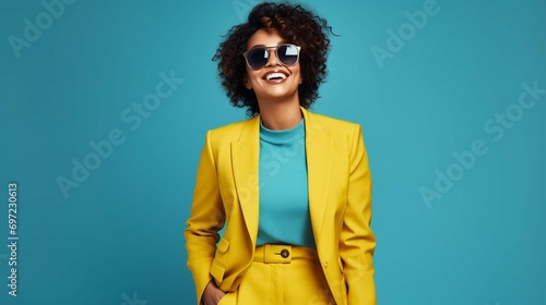 Full body happy cheerful Afro American woman wearing stylish yellow suit and trendy glasses standing isolated on blue background, looking at camera, winking her eye and smiling photo