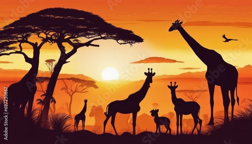 A group of animals  including giraffes and deer  stand together in a field at sunset