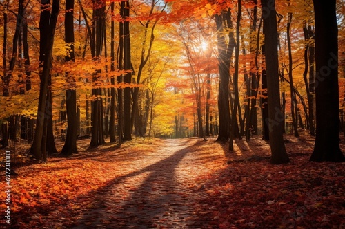   Vibrant autumn forest showcasing a tapestry of red  orange  and yellow leaves under the soft glow of sunlight filtering through the dense canopy