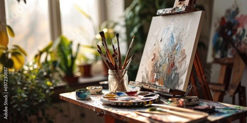 Creative Haven  A Stunning Photograph Showcasing Artistic Tools  Paintbrushes  and a Vibrant Palette  Offering a Glimpse into an Artist s Workspace  Inspiring Creativity and the Beauty of Visual Arts.