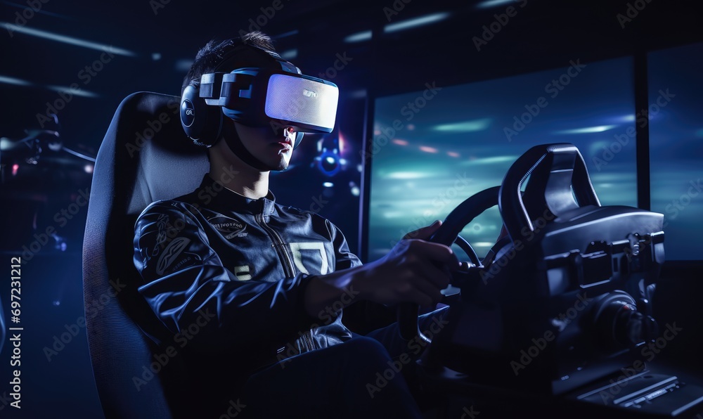 Virtual Reality Experience: Immersed Man in Car Virtual Reality Experience: Immersed Man in Car