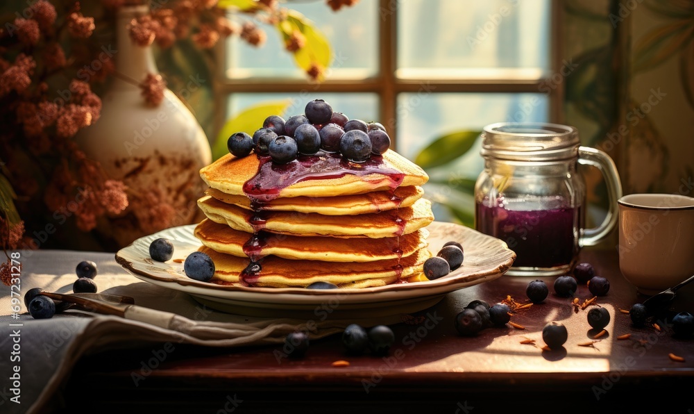 Delicious Pancakes with Fresh Blueberries and Sweet Syrup