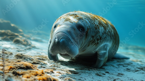 Closeup of a manatee diving at a reef in the blue ocean photo