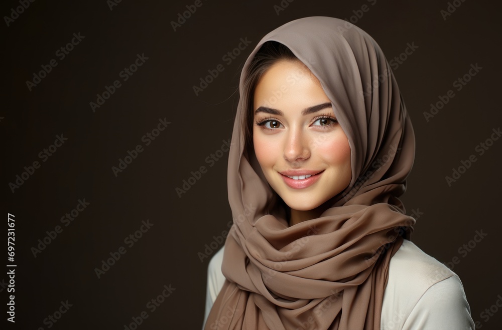 Smiling hawaiian woman in hijab radiates warmth and diversity on a white background, islamic images Smiling hawaiian woman in hijab radiates warmth and diversity on a white background, islamic images