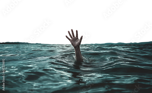 hand reaching out of the sea in seek of help. Drowning in despair concept. Troubled ocean. Plea for help. Grasping for air - Transparent background pen tool flawless cutout