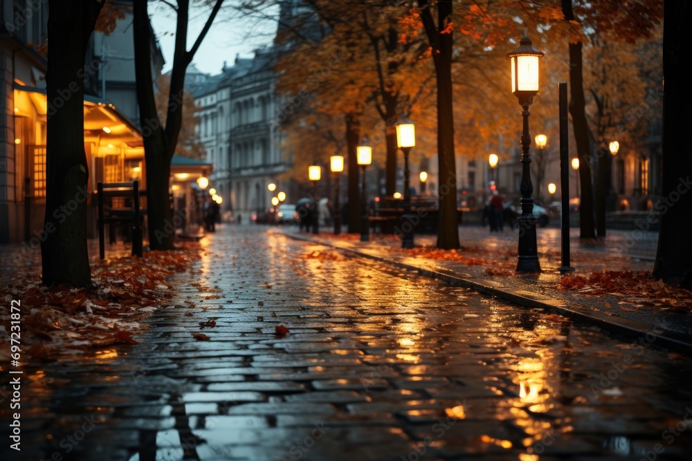 an autumn sun rimmed street at dusk