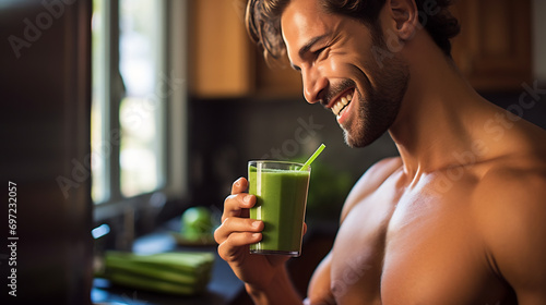 Healthy athletic man drinking green smoothie post workout at home, healthy concept. photo