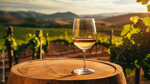 A glass of wine on a wooden barrel in front of a vin