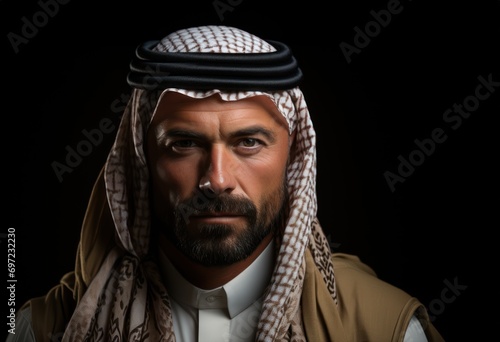 Confident arab man in traditional attire against a striking black backdrop, islamic images