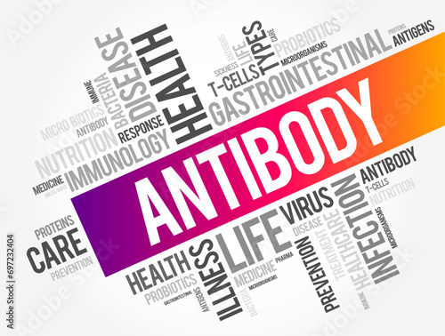 Antibody - is a large Y-shaped protein used by the immune system to identify and neutralize foreign objects such as pathogenic bacteria and viruses, word cloud concept background