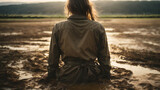 Sad person sitting in the mud. Overcoming obstacles, reacting to defeats. Never give up. Get out of the mud. 