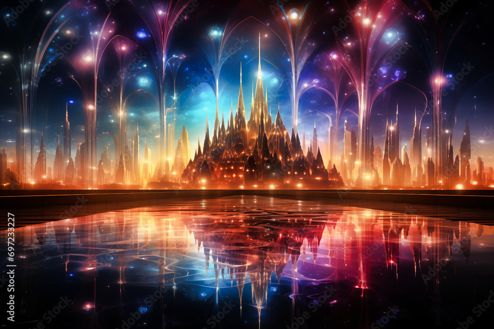 A castle with lights and fireworks