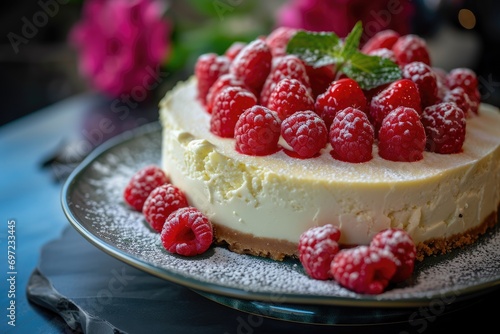Luscious Elegance: Experience Divine Bliss with Raspberry White Chocolate Cheesecake, a Culinary Symphony Where Creamy Indulgence Meets the Sweet Symphony of Berries in Every Decadent Bite