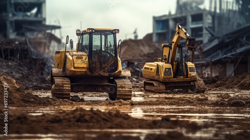 construction machineries on muddy site photo