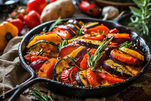Rustic Elegance on Your Plate: Ratatouille, the French Culinary Gem, Presents a Vibrant Vegetable Medley, Stewed to Perfection, Weaving a Tapestry of Flavors with Tomatoes, Zucchini, Eggplant, and Mor