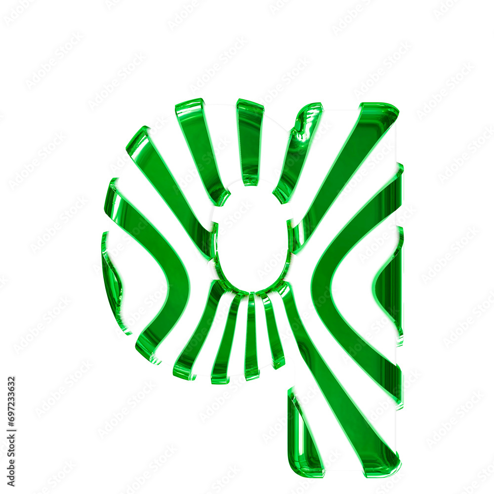 White symbol with green thin vertical straps. letter q White symbol with green thin vertical straps. letter q