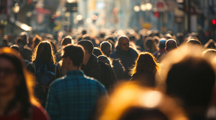 A huge crowd of people in the city rushes about their business during the day, selective focus