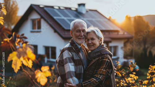 Smiling elderly couple standing in front of their home in the evening