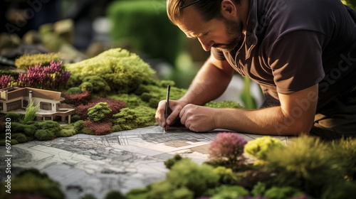 Landscape designer at work creatively brings ideas to life, crafting harmonious and beautiful landscapes inspired by the beauty of nature photo