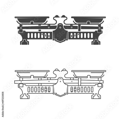 Scales, weights, balance icon silhouette on white background. Vector illustration. Libra sign. For logo design, patches, seal, logo or badges.