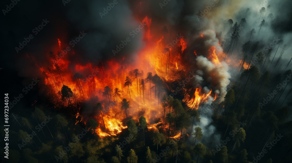 The forest is ablaze as trees burn and smoke billows into the sky. The fire rages on, threatening to consume the entire woodland
