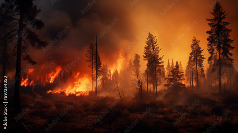 The forest is ablaze as trees burn and smoke billows into the sky. The fire rages on, threatening to consume the entire woodland The forest is ablaze as trees burn and smoke billows into the sky. The fire rages on, threatening to consume the entire woodland