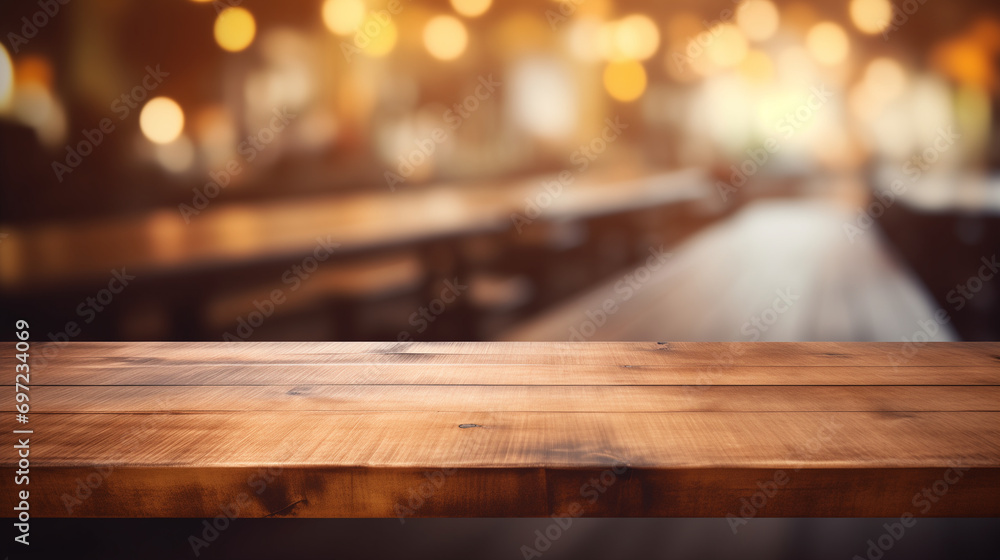 A blank wooden surface against a blurred background with twinkling lights and autumnal vibes A blank wooden surface against a blurred background with twinkling lights and autumnal vibes